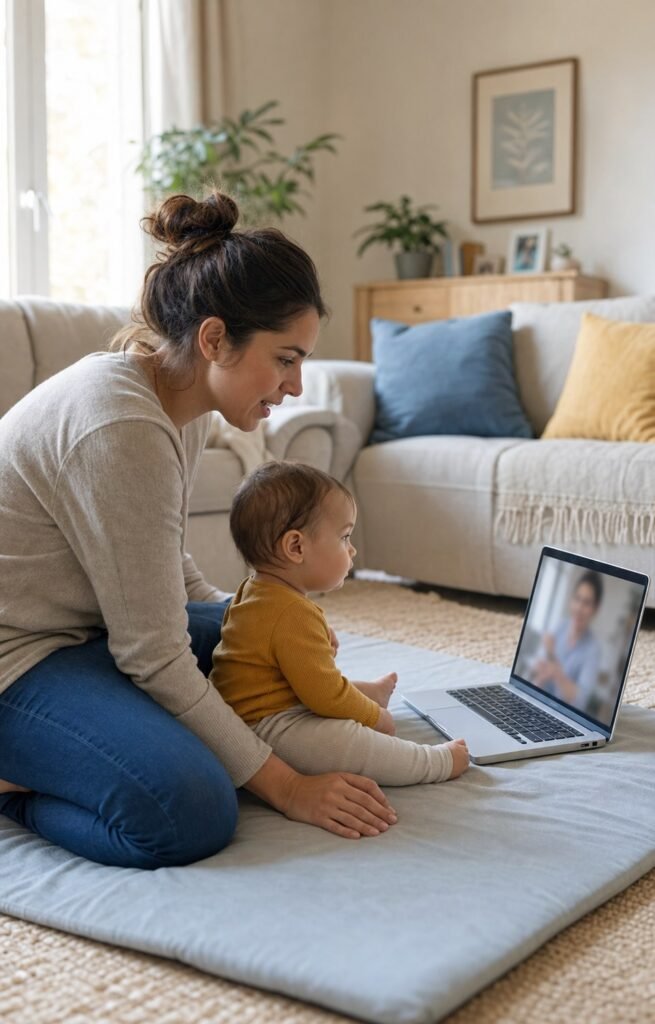 Familia durante una consulta de fisioterapia pediátrica online desde casa