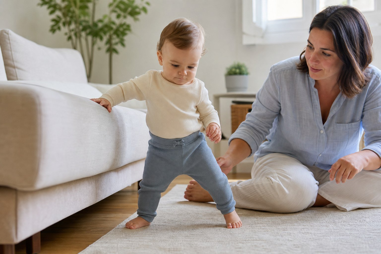 Bebé practicando sus primeros pasos junto a un adulto