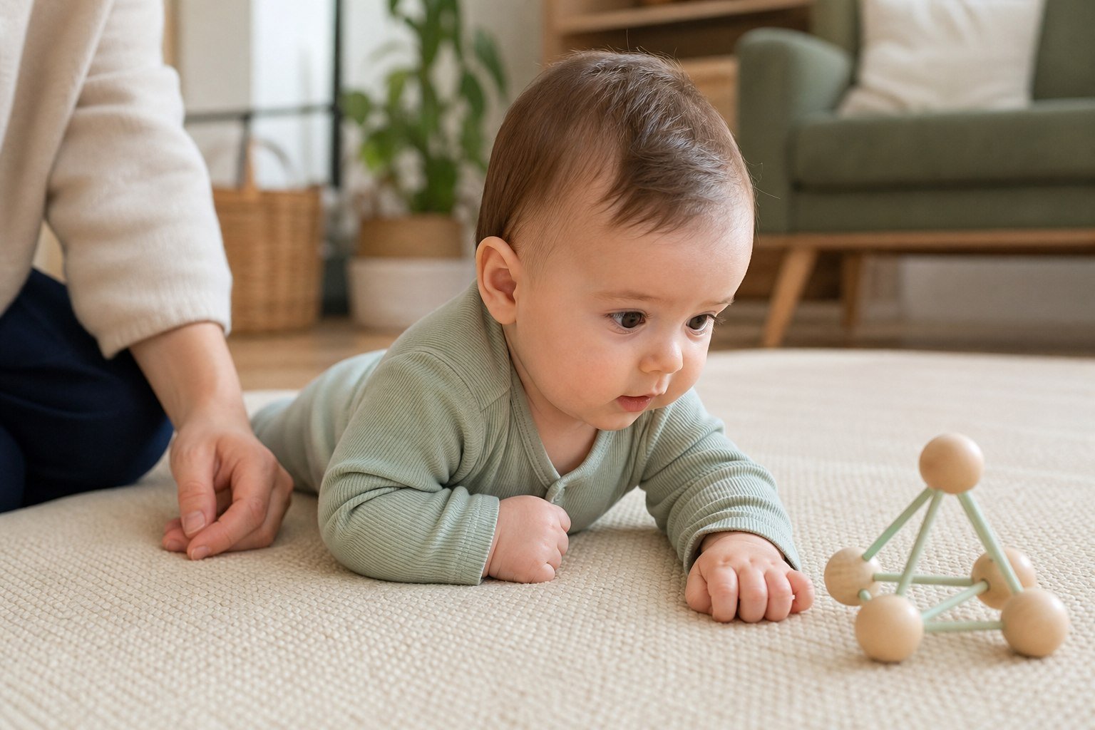 Progenitor jugando con su bebé para variar la orientación de la cabeza