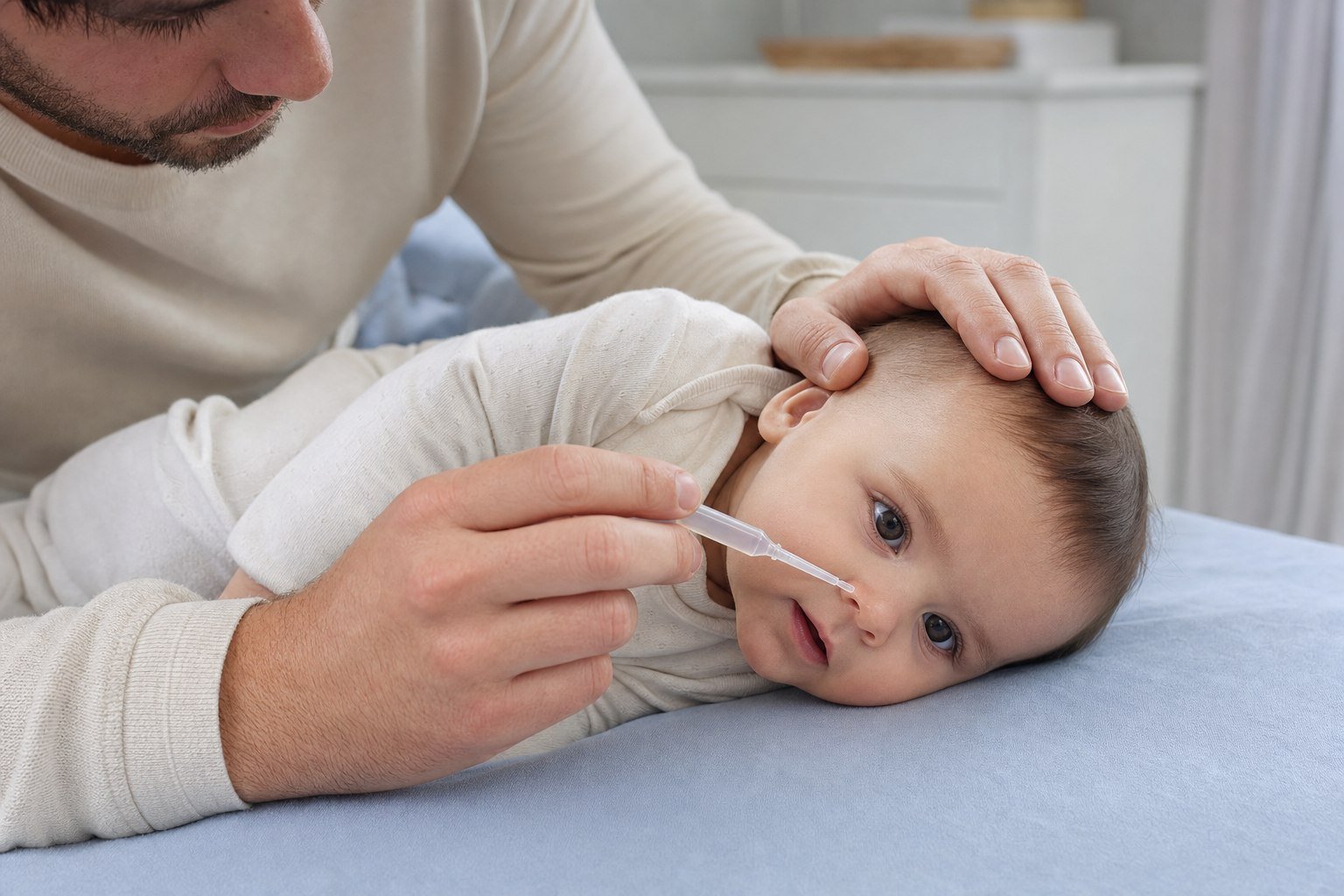 Madre preparando un lavado nasal suave a su bebé